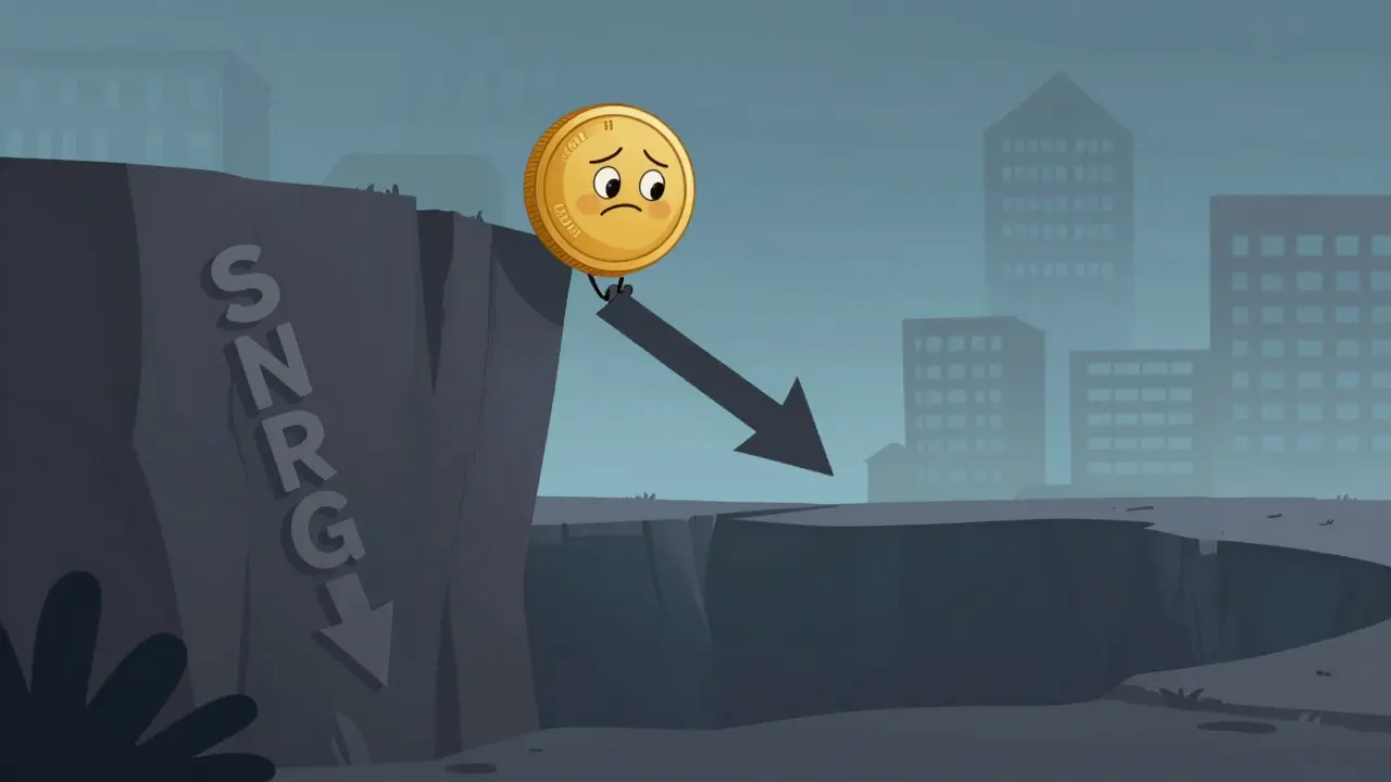 Personaje moneda triste cayendo por acantilado representando caída de precio