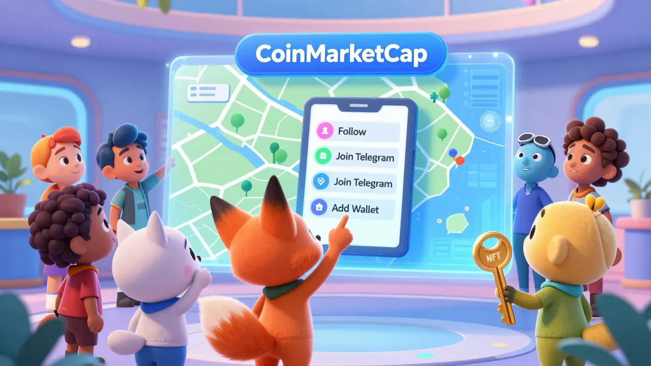 Personajes de dibujos animados revisando una lista de tareas para participar en el airdrop