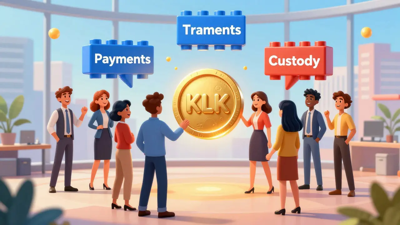 Personajes felices usando bloques modulares y token KLK dorado