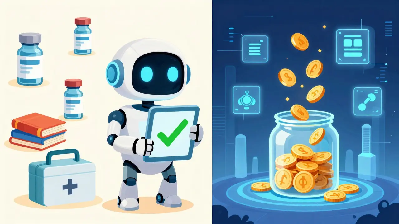 Robot amigable verificando suministros físicos para liberar fondos en blockchain
