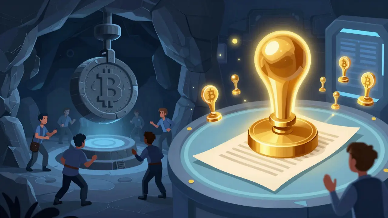 Sello antiguo lento vs sello mágico rápido en blockchain