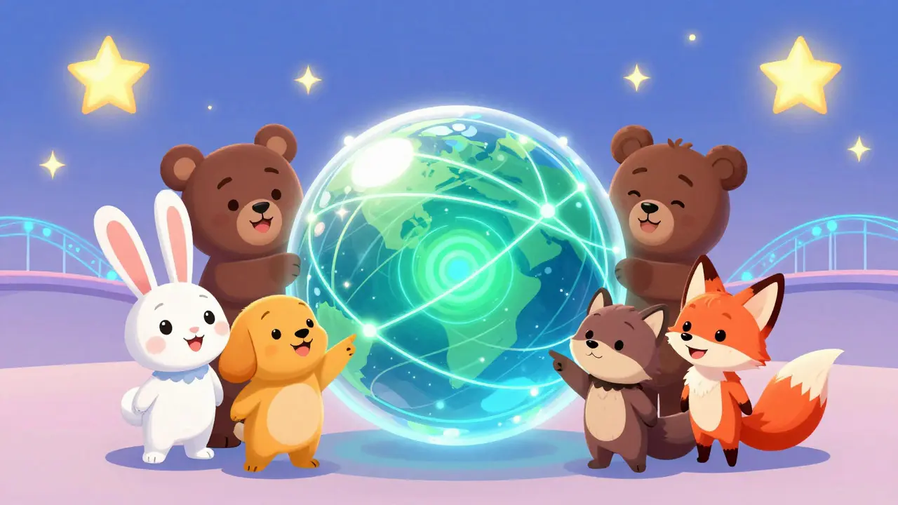 Animales Disney colaborando con esfera cristalina de conectividad blockchain
