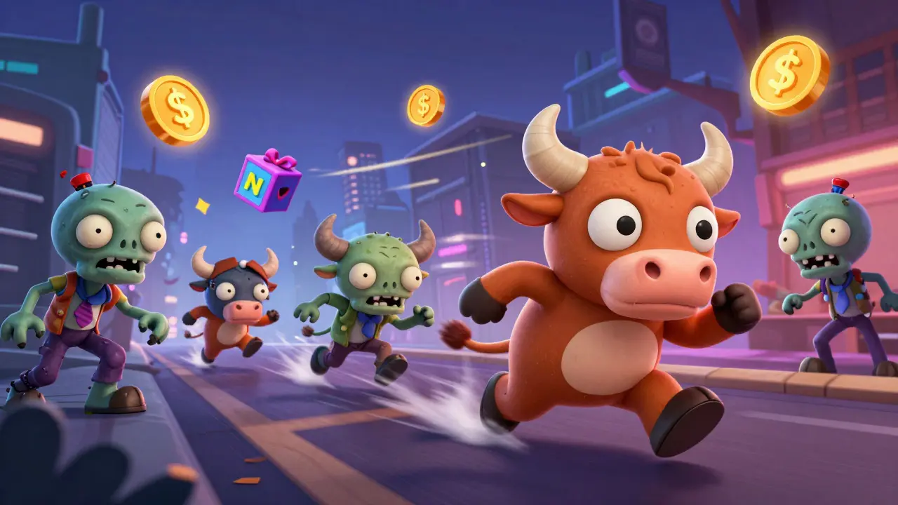 Avatares de toros jugando Necrodemic en un entorno de juego animado