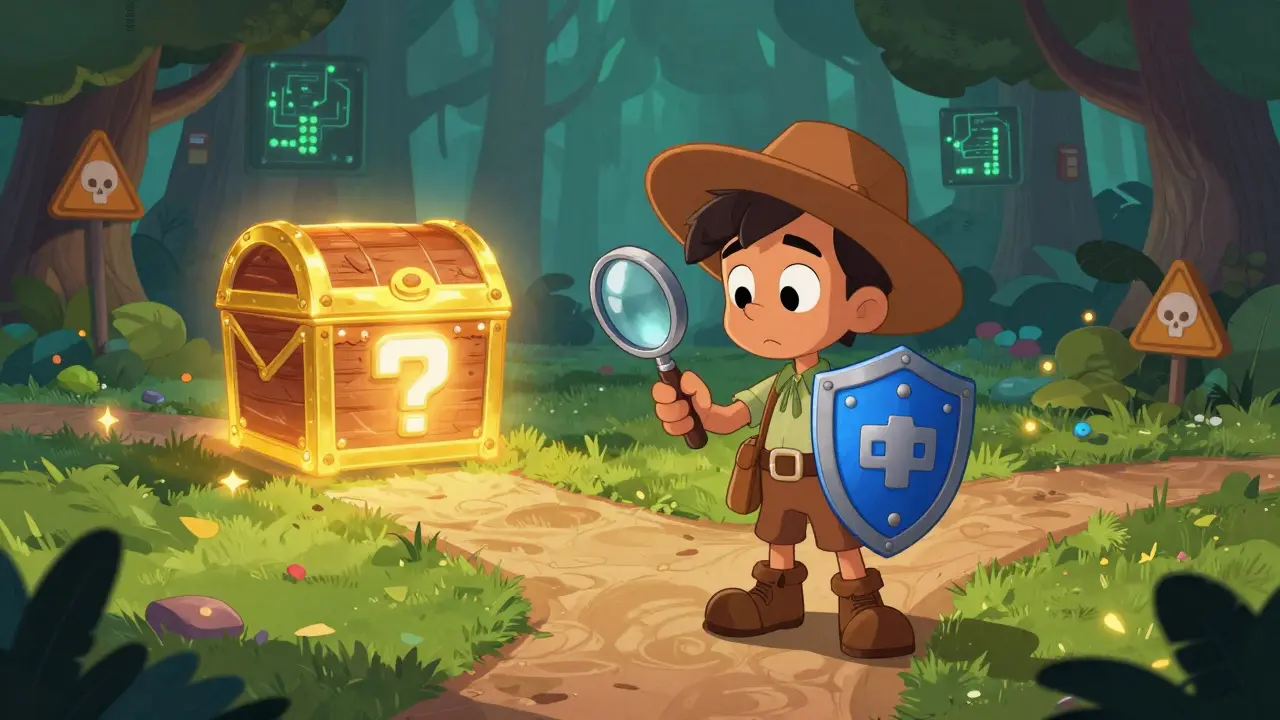 Aventurero cauteloso inspeccionando riesgos en un bosque cripto estilo Disney
