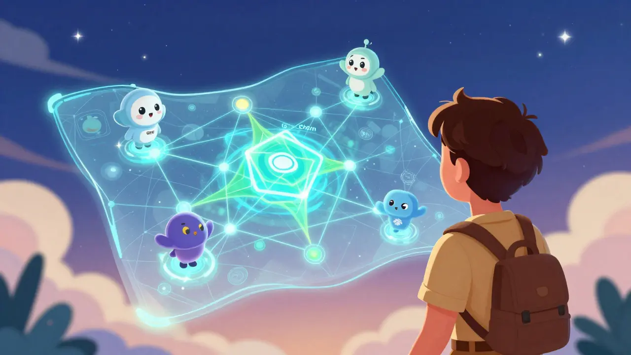 Aventurero mirando un mapa brillante de red blockchain con mascotas flotantes