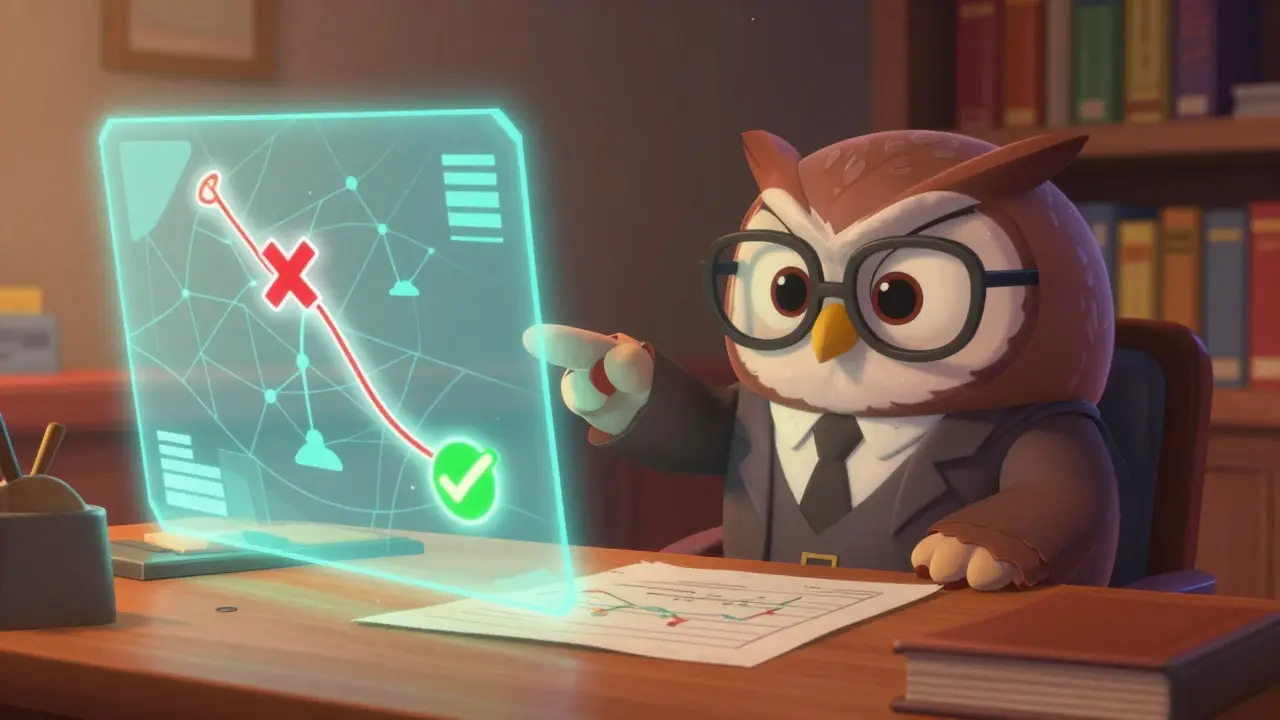Búho sabio explicando riesgos financieros en un mapa holográfico