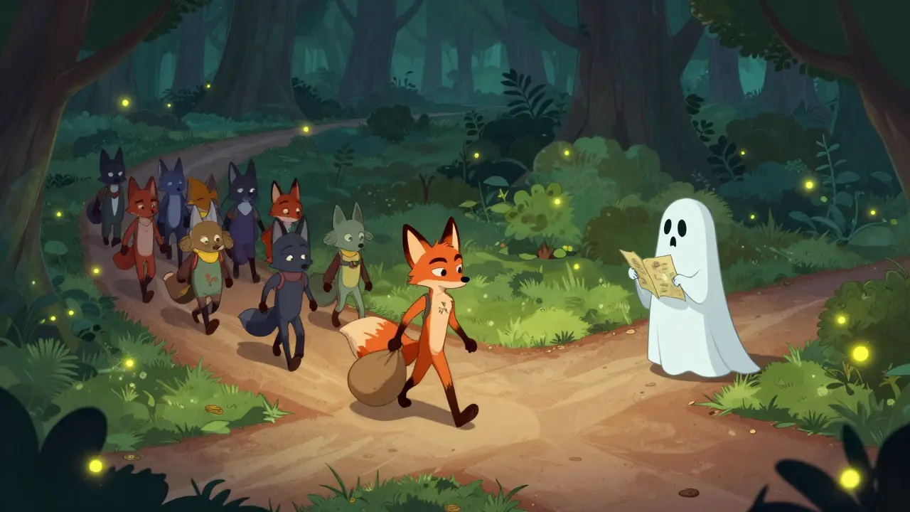 Carretera dividida: zorro popular vs fantasma solitario en bosque mágico estilo Disney