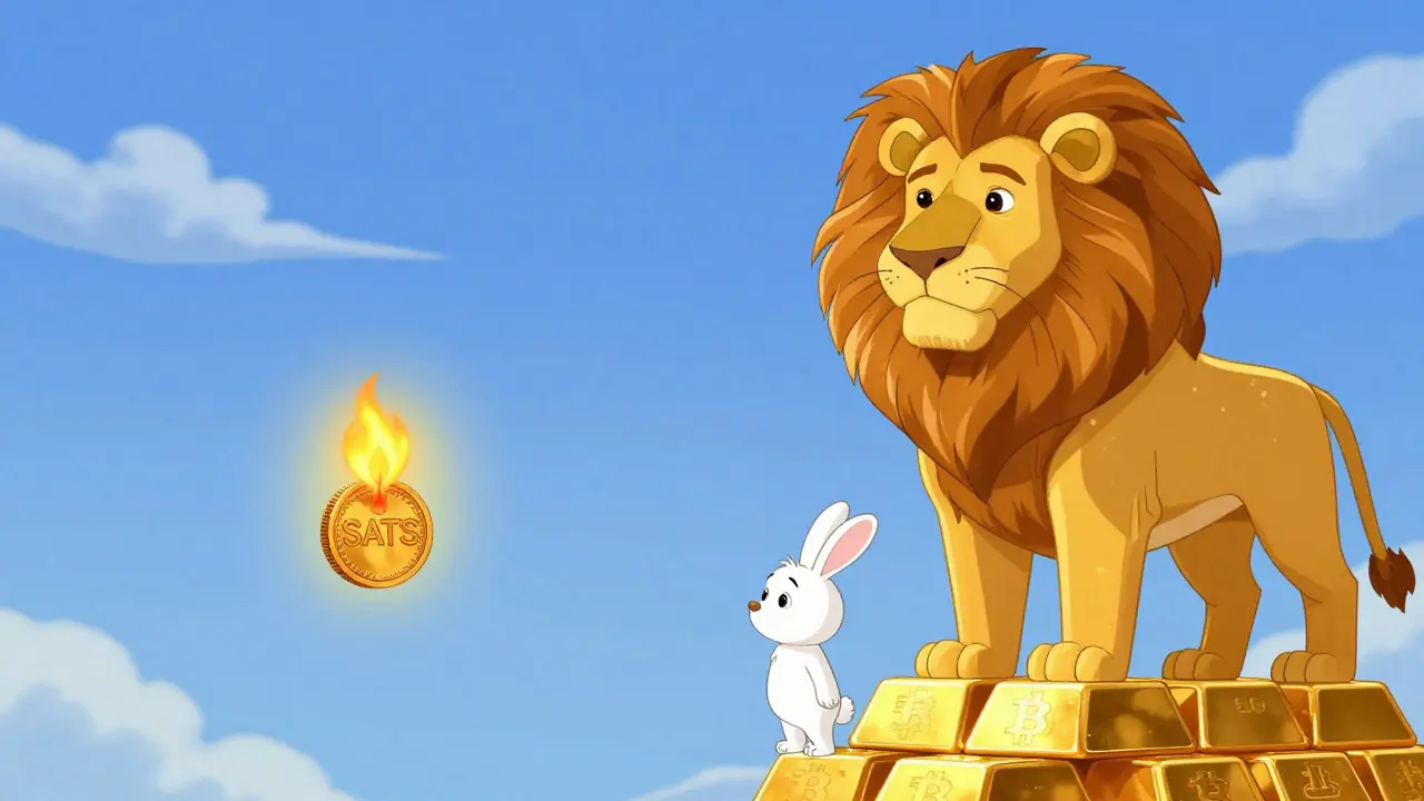 Comparación visual estilo Disney: vela débil para SATS contra león sólido para SATUSD.