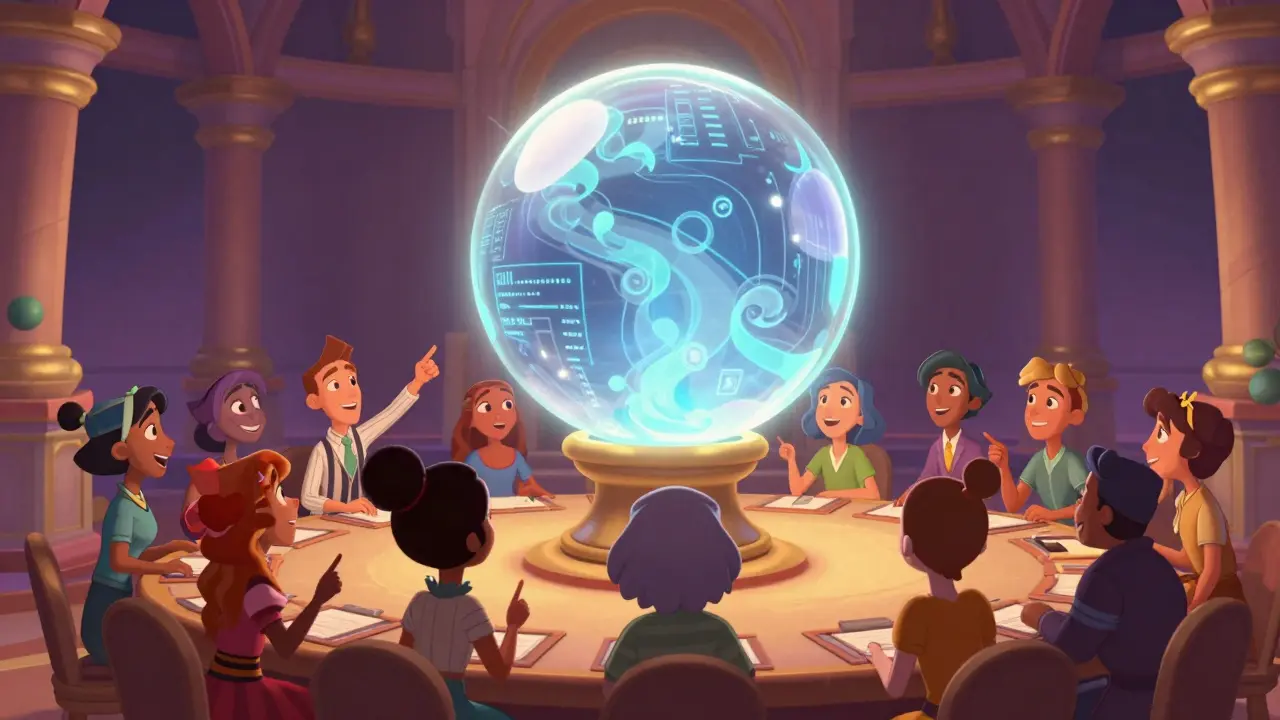 Criaturas fantásticas votando alrededor de una esfera de cristal luminosa en un estilo Disney