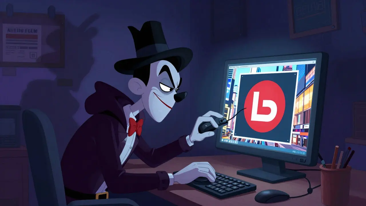 Estafador editando una imagen falsa de Times Square en su computadora
