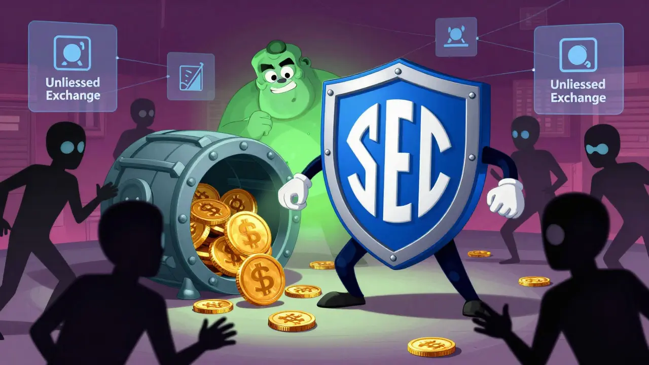 Ilustración de la SEC bloqueando exchanges no autorizados para proteger fondos