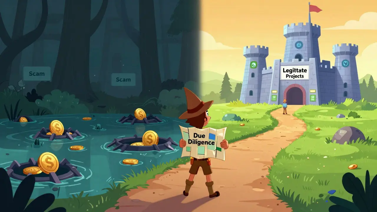 Ilustración Disney comparando estafas oscuras con proyectos cripto seguros