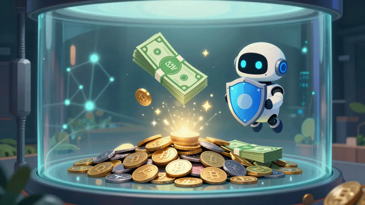 Ilustración mágica donde monedas de cripto se convierten en dólares digitales USDf dentro de una bóveda transparente y segura.