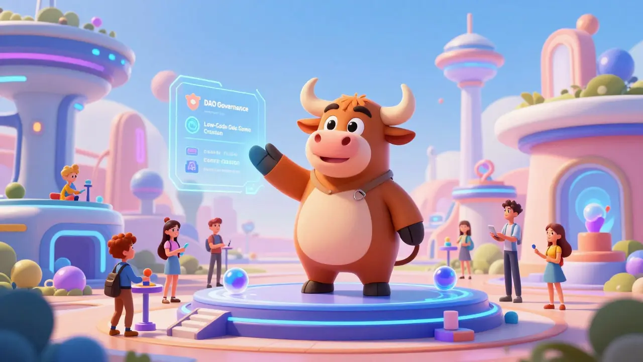 Mascota de toro presentando herramientas de gobernanza en el metaverso