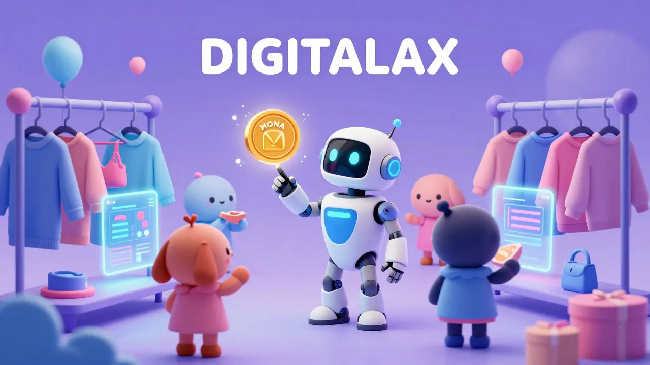 Mercado virtual de moda con avatares y tokens en estilo ilustración Disney