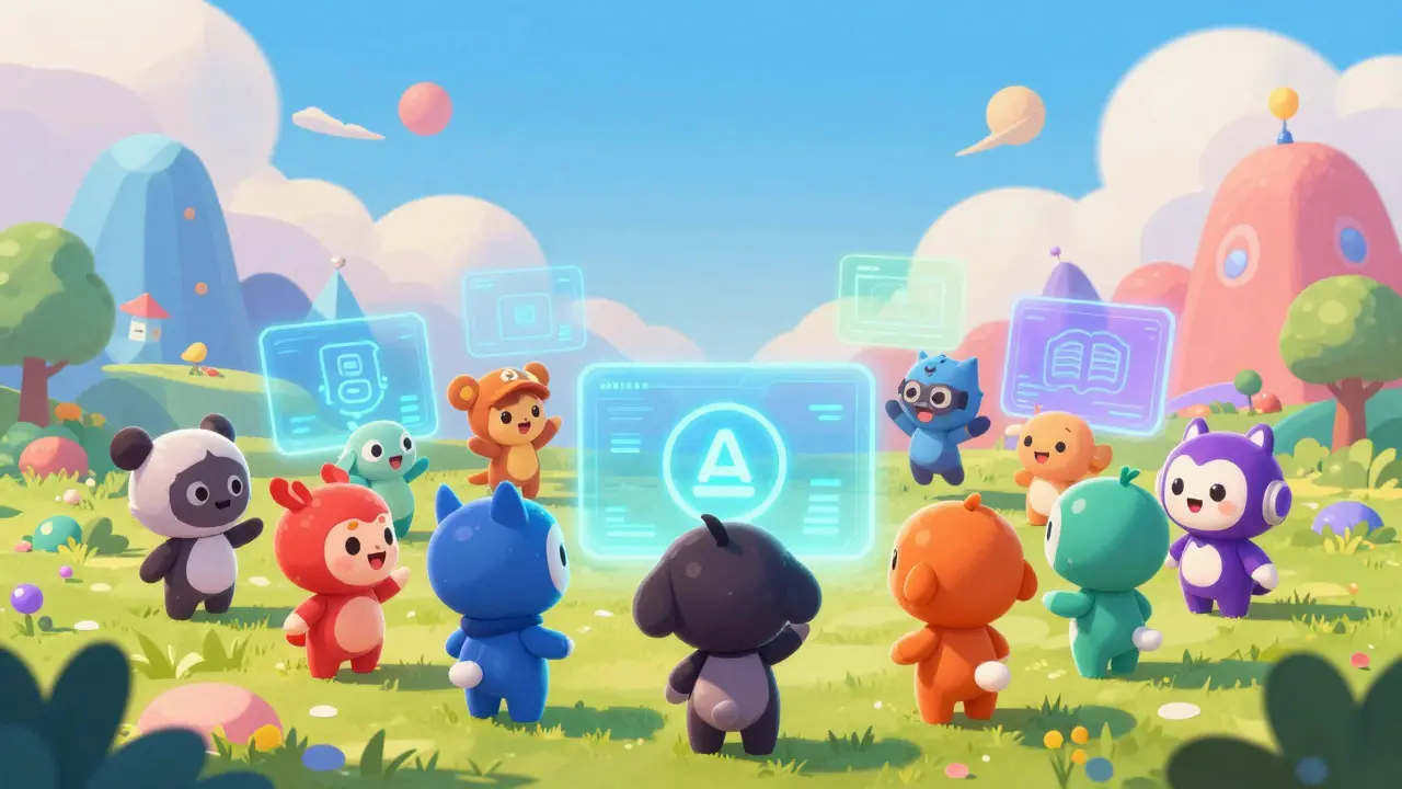 Paisaje digital colorido del metaverso Zukiverse con personajes adorables e interfaces flotantes