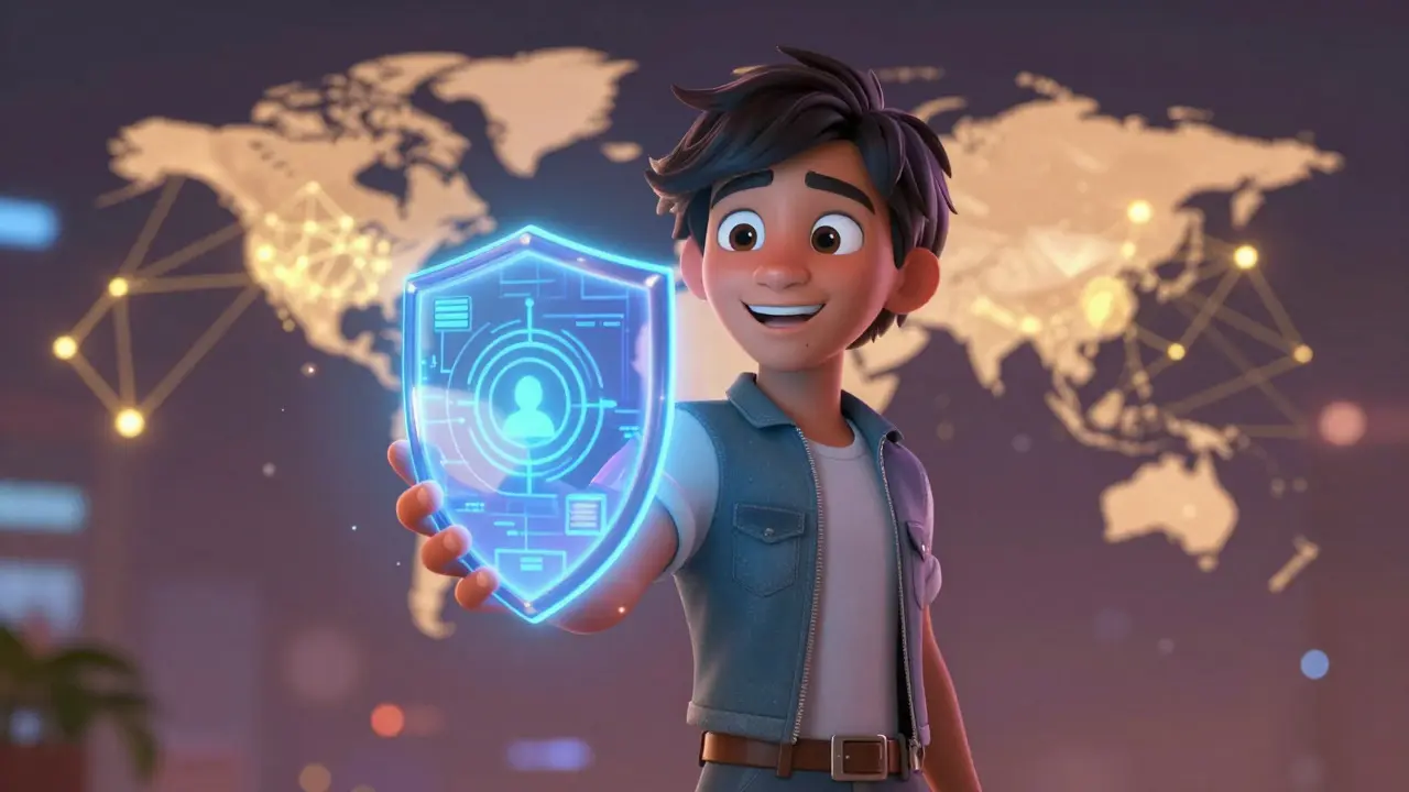 Persona segura con billetera digital holográfica y escudo de protección blockchain