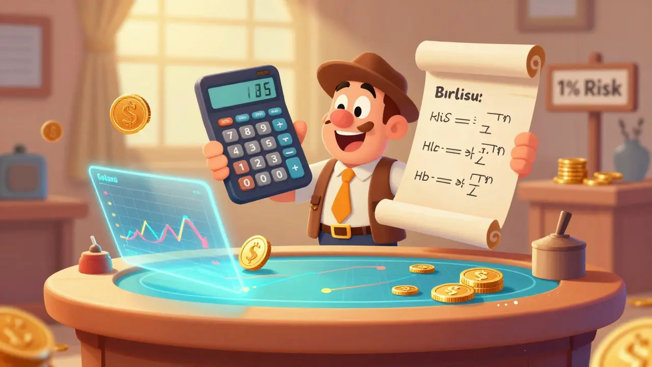 Personaje animado calculando tamaño de posición cripto
