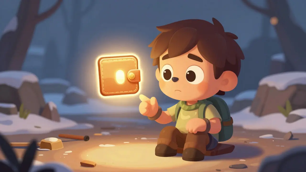 Personaje chibi verificando una billetera digital segura con luz cálida y fondo nevado