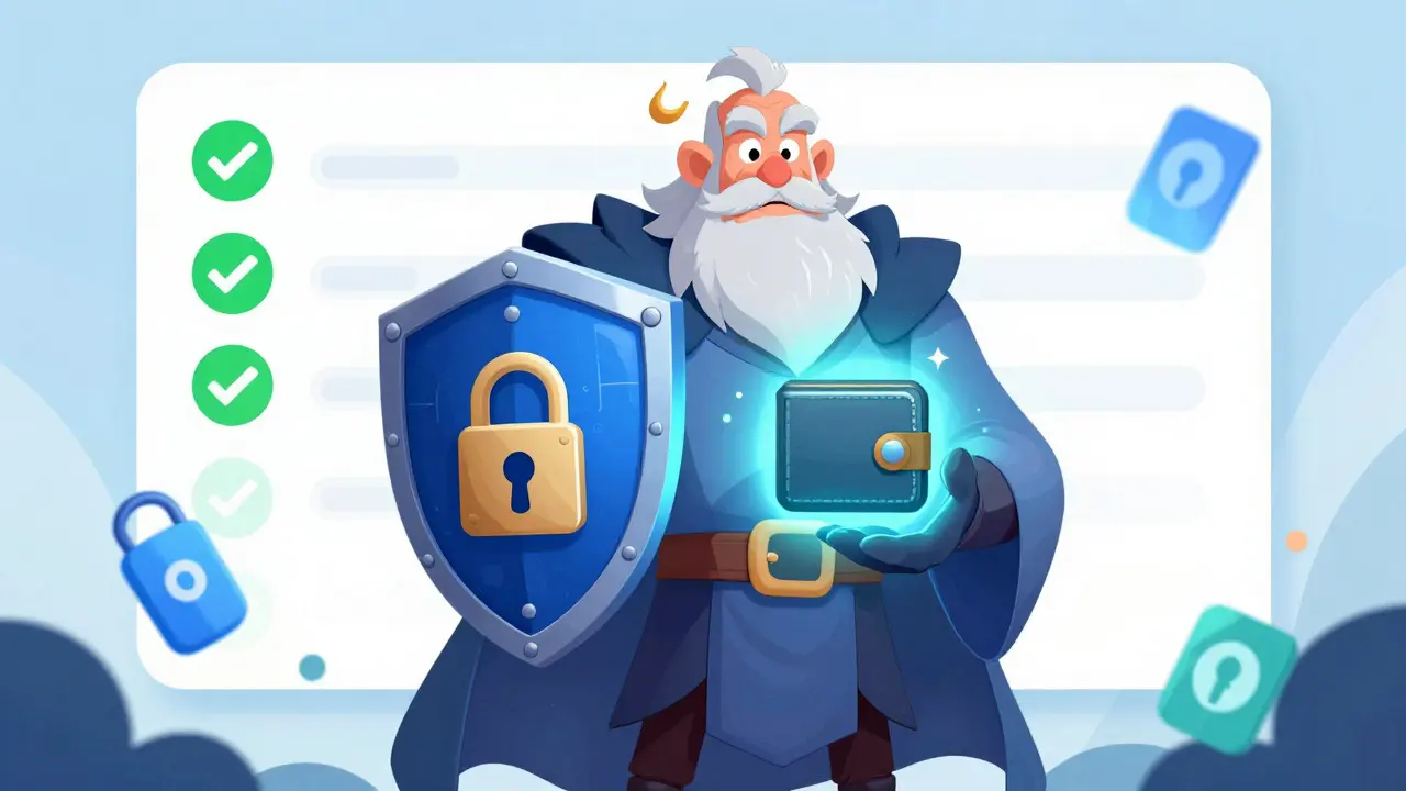 Personaje protegiendo su billetera digital con un escudo de seguridad