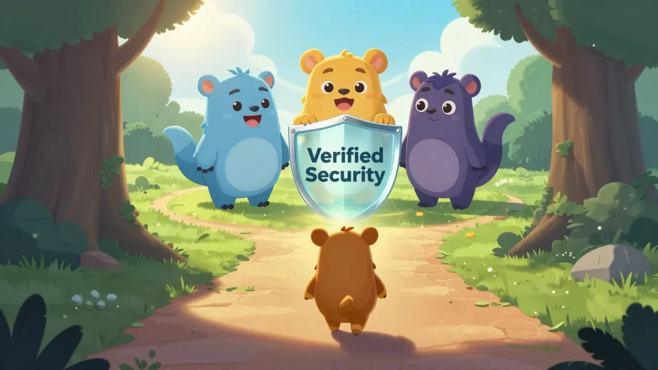 Personajes amigables estilo Disney protegiendo activos en exchanges seguros como alternativa a plataformas riesgosas.