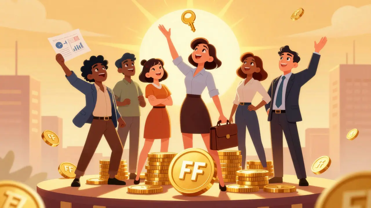 Personajes felices sobre tokens FF mirando un sol brillante que simboliza crecimiento y beneficios de gobernanza.