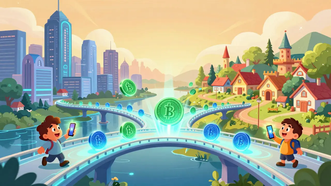 Puente digital brillante conectando ciudades con monedas estables viajando rápido
