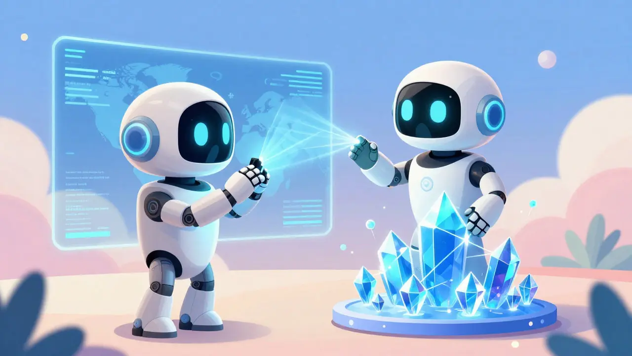 Robot asistente escaneando la web para proteger derechos de autor con blockchain