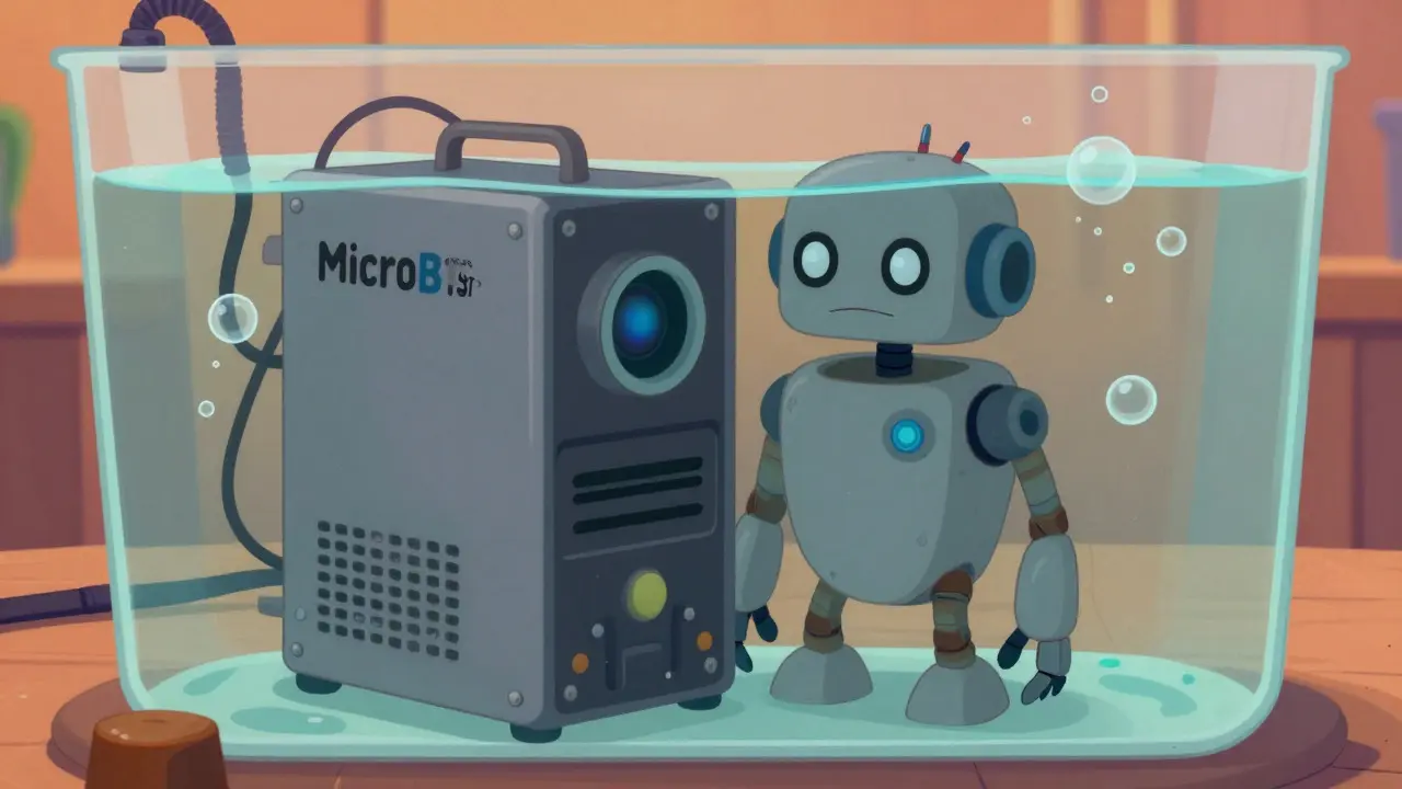 Robot estilo Disney sumergido en líquido dieléctrico representando MicroBT