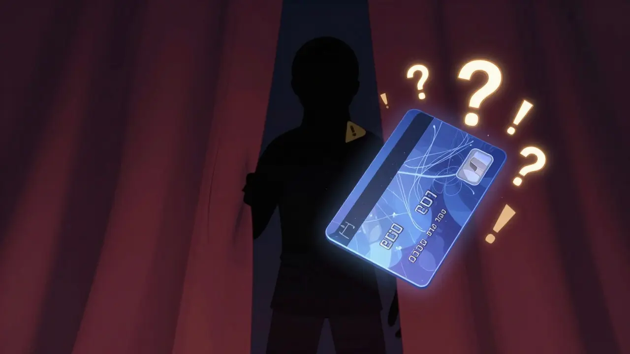 Silueta misteriosa y tarjeta flotante con signos de interrogación