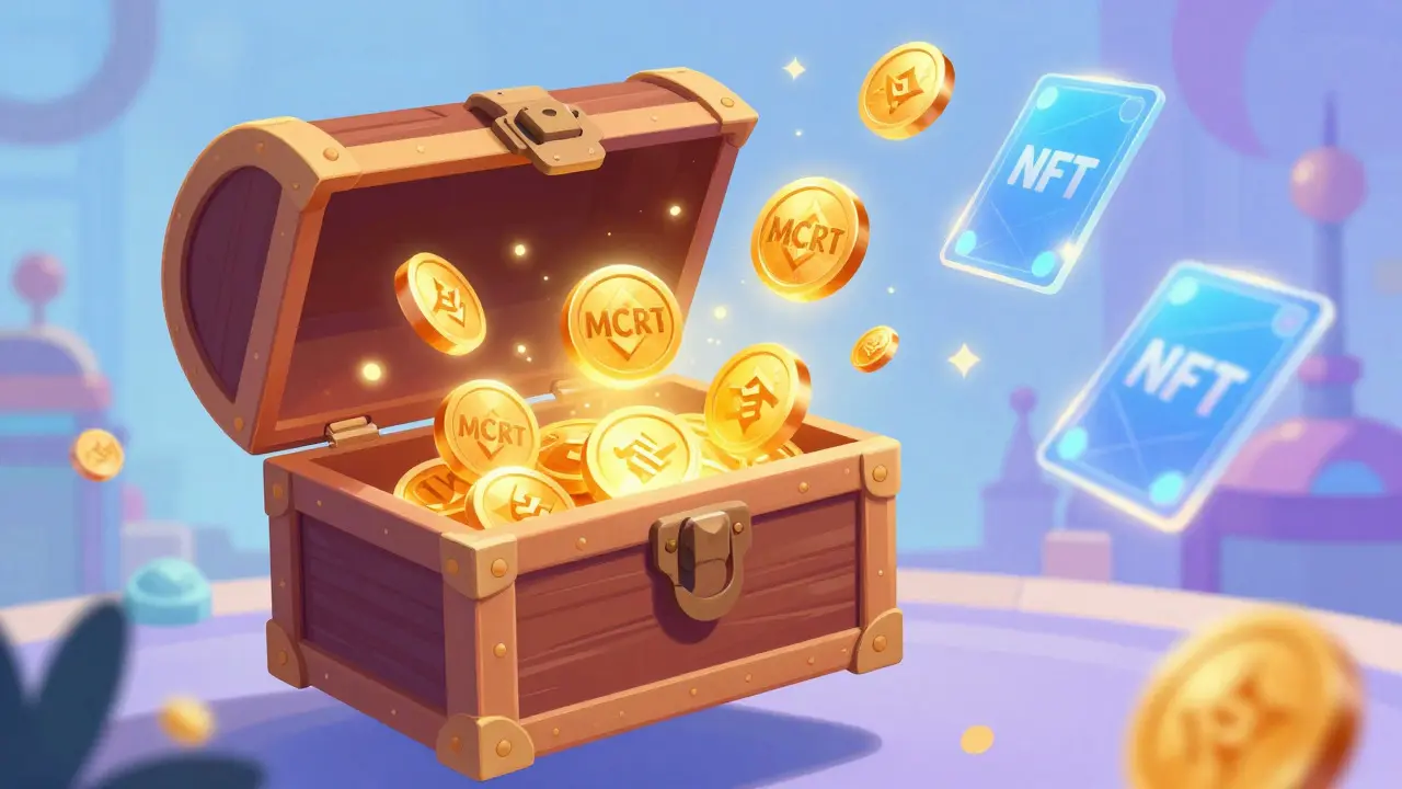 Tesoro mágico abriéndose mostrando tokens MCRT y tarjetas NFT brillantes