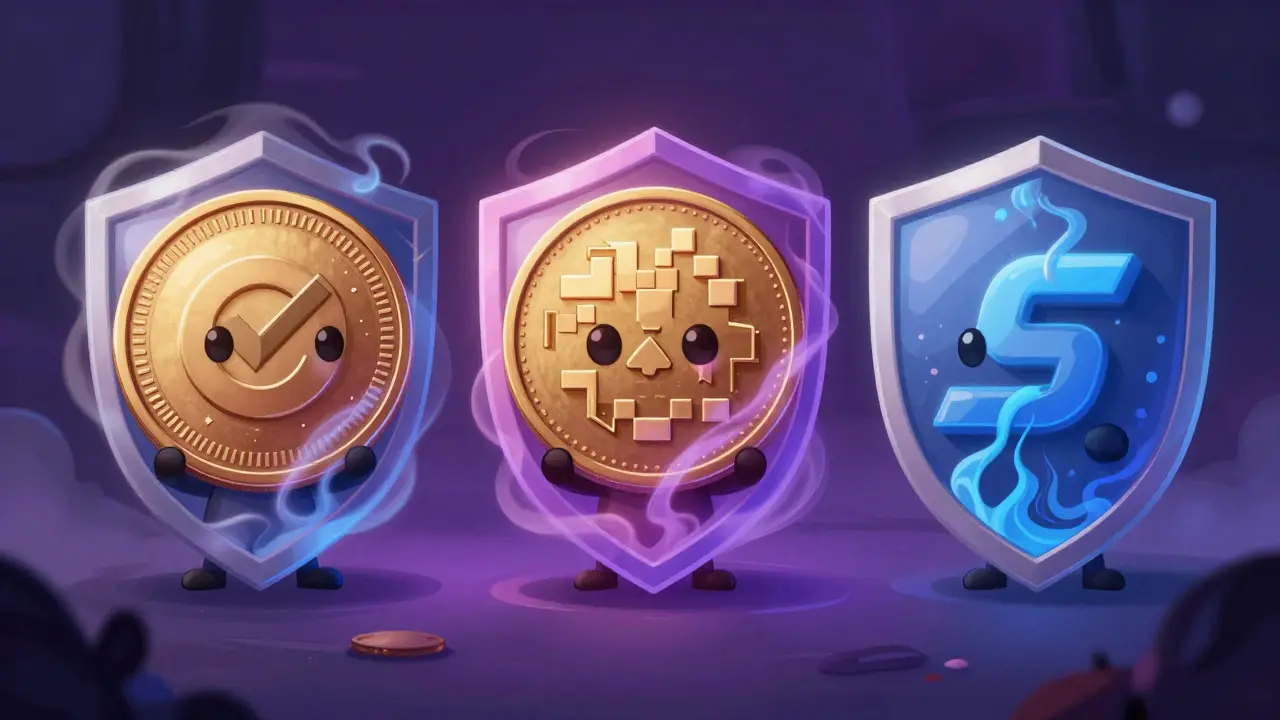 Tres monedas de privacidad mágicas con escudos que ocultan sus detalles