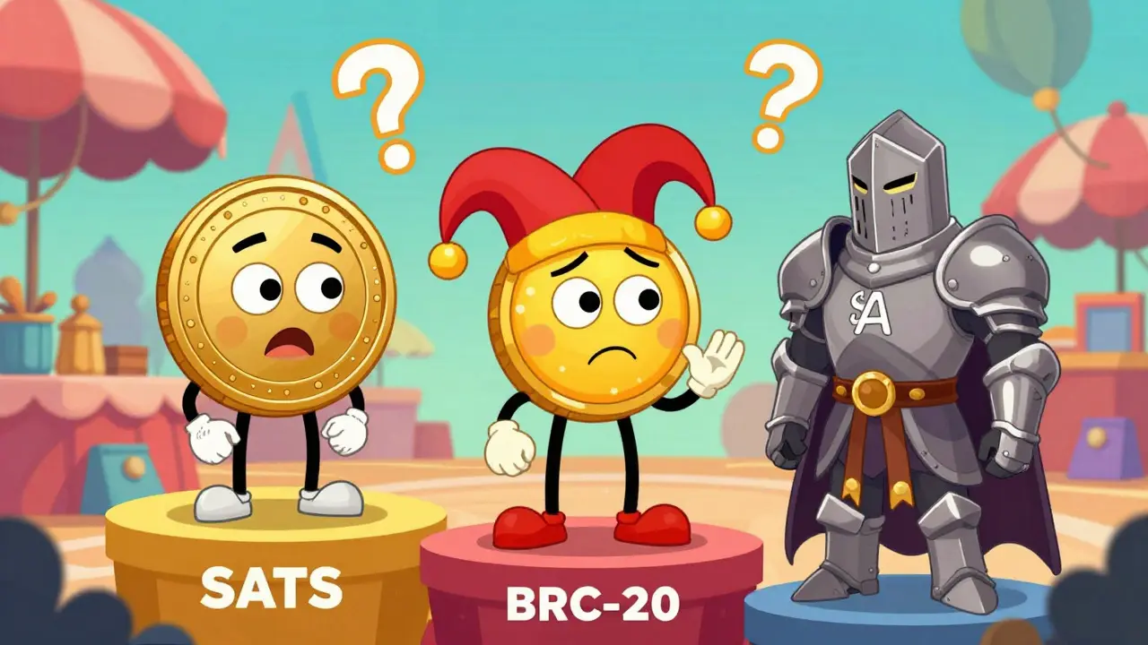 Tres personajes de dibujos confundidos representando diferentes tokens cripto