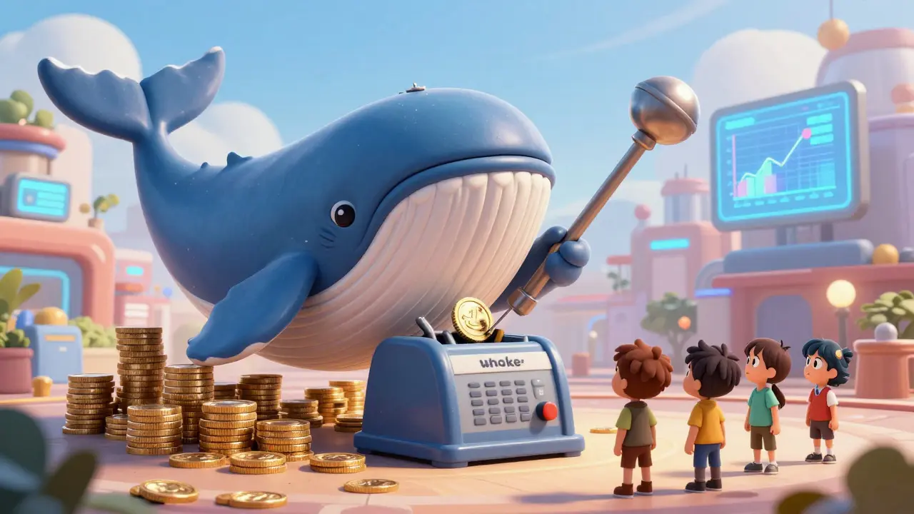Ballena gigante de monedas controlando votación frente a usuarios pequeños