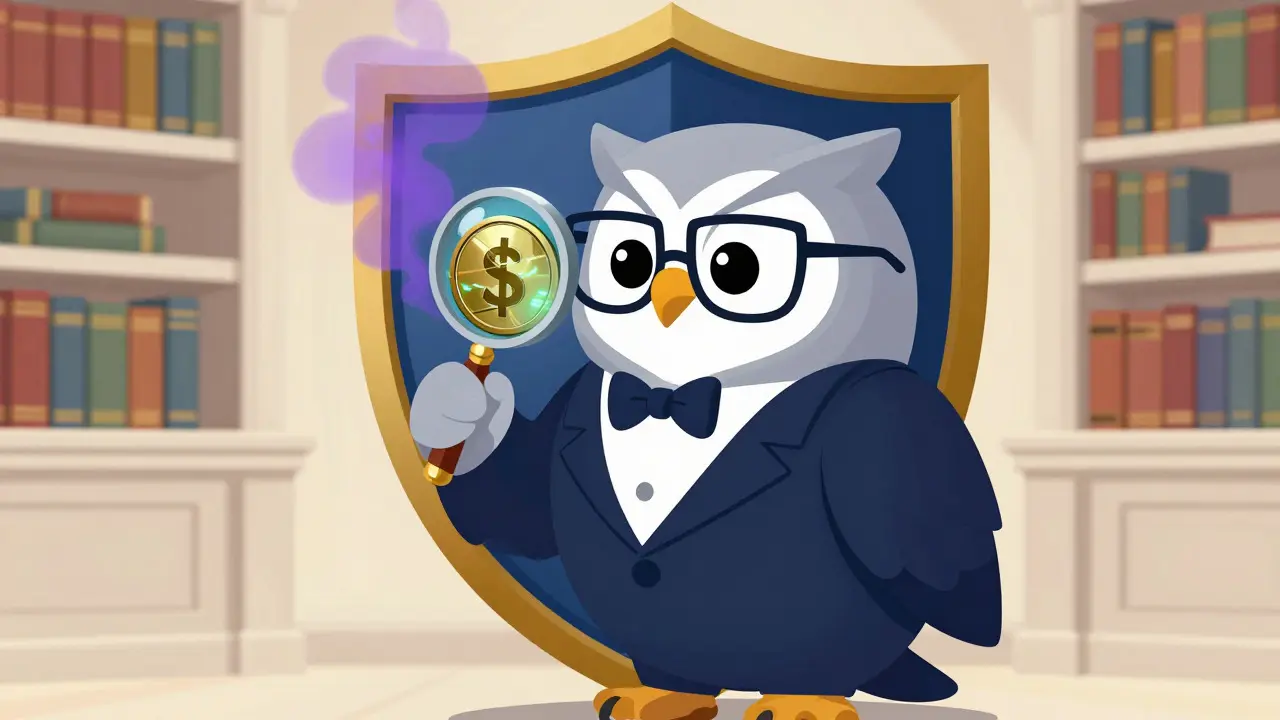 Búho sabio inspeccionando una moneda sospechosa con lupa en estilo Disney