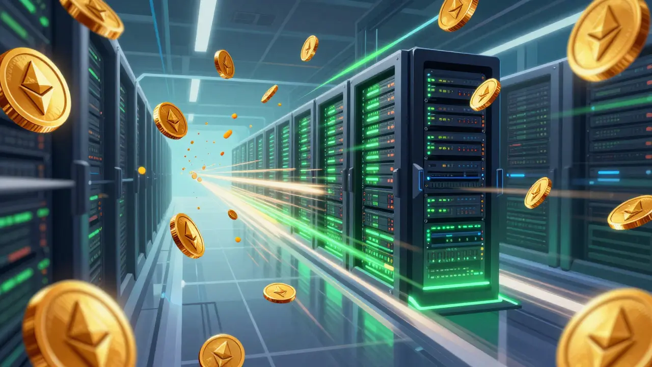 Centro de datos futurista con monedas volando rápidamente