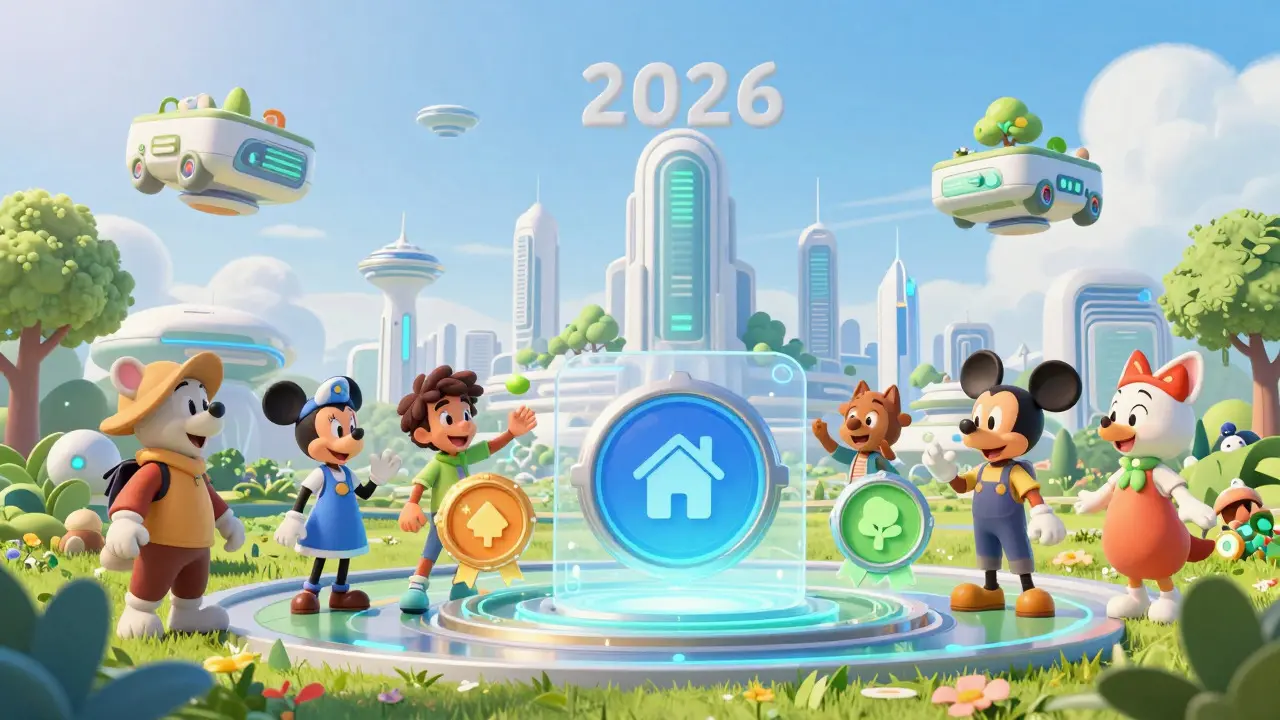 Ciudad futurista con activos reales y reputación digital en estilo Disney