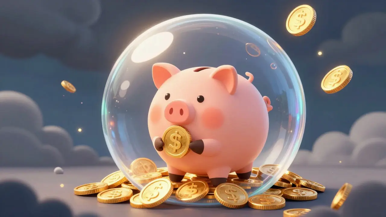 Cohete de cerdito dorado protegido por una burbuja contra tormentas financieras, estilo ilustración Disney.