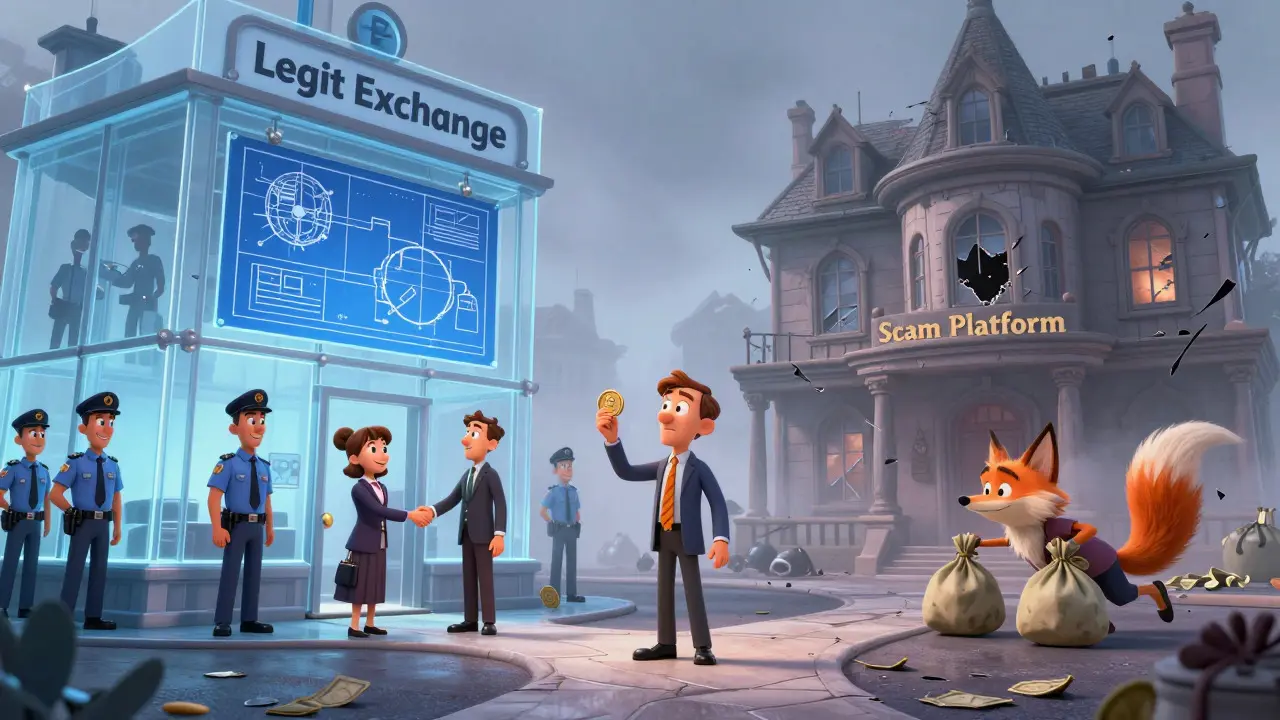 Comparación entre exchange legítimo transparente y plataforma estafa oscura