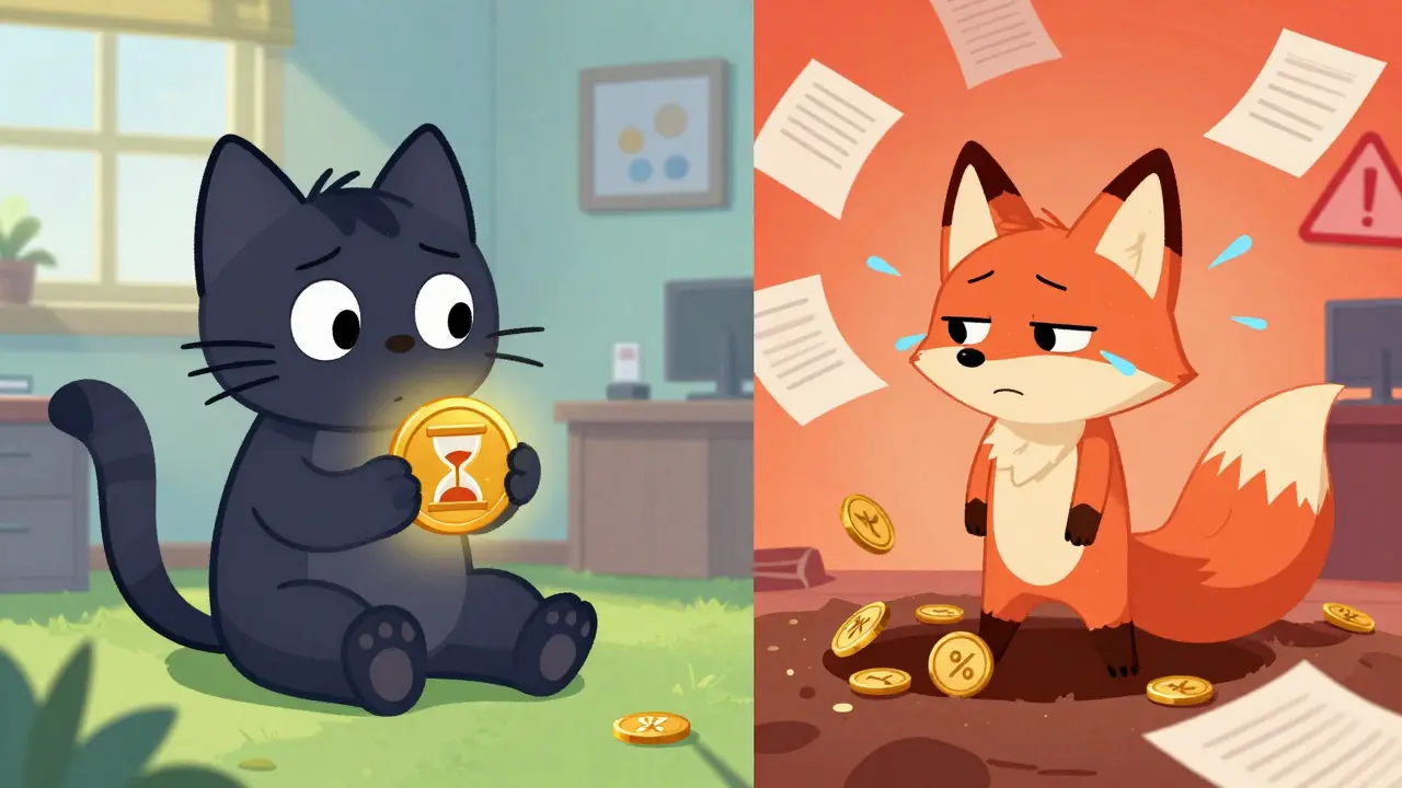 Comparación ilustrada entre la calma de mantener cripto un año y el estrés de vender antes