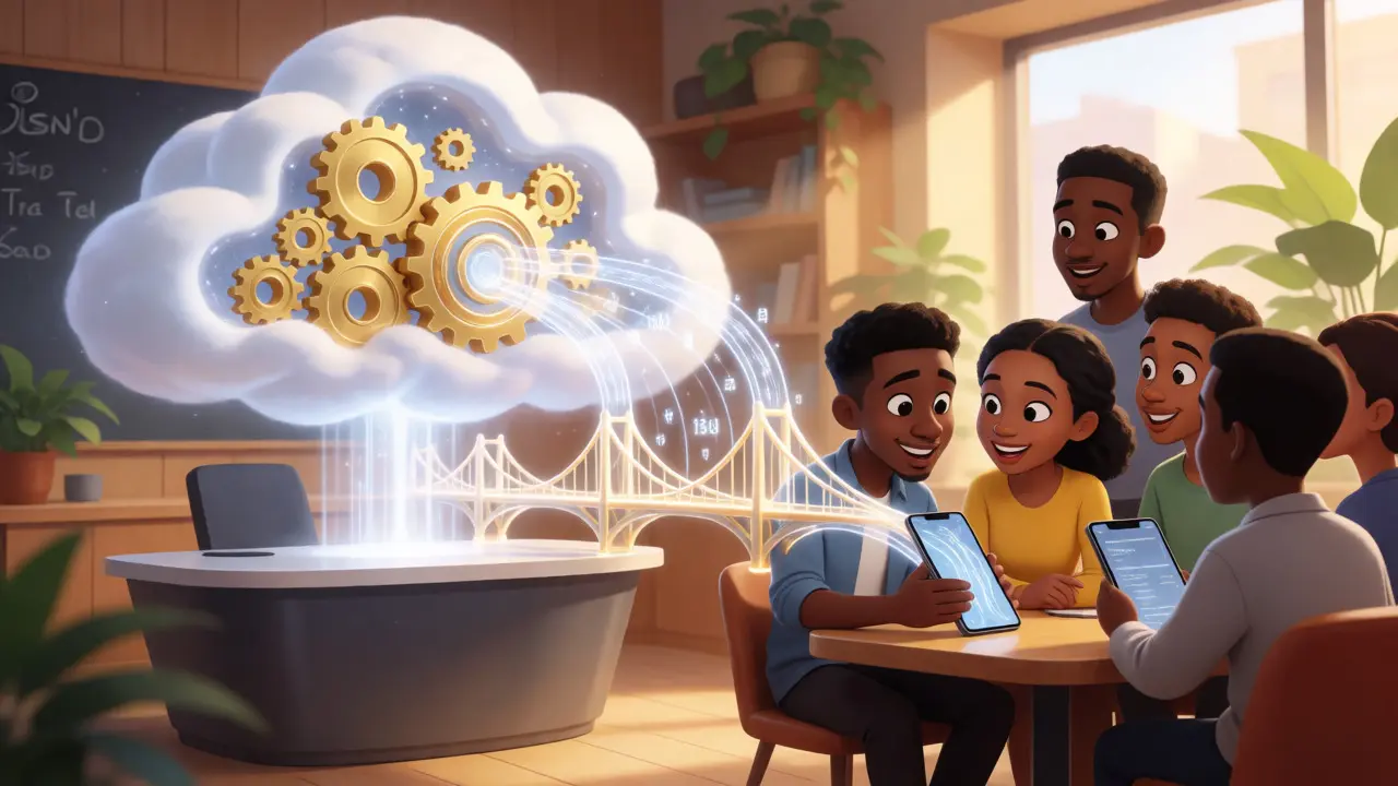 Dibujo animado estilo Disney mostrando profesionales africanos usando tecnología en la nube conectada a sus dispositivos.