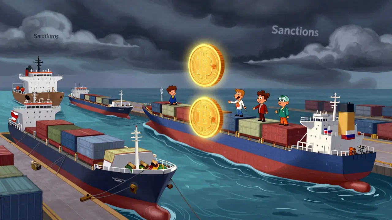 Escena animada estilo Disney mostrando el uso de criptomonedas para comercio internacional evadiendo sanciones.