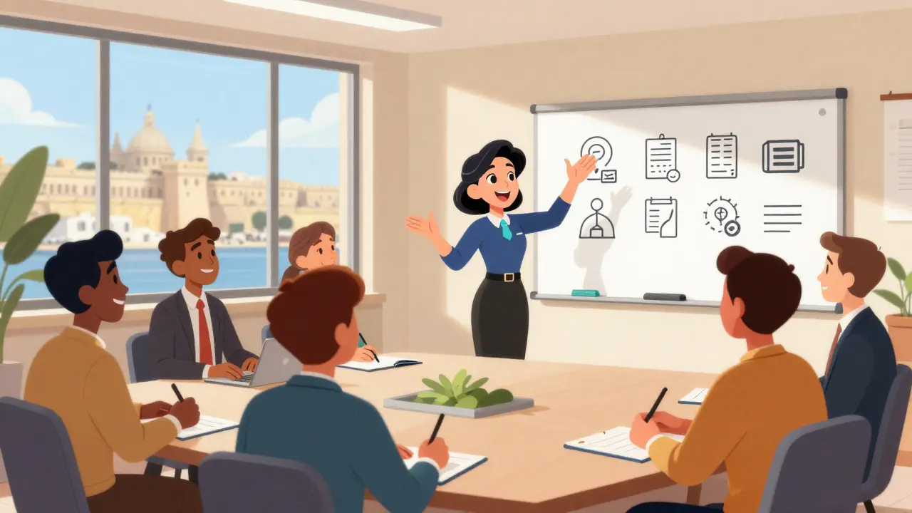 Escena de taller educativo estilo Disney con reguladores y empresarios en Malta