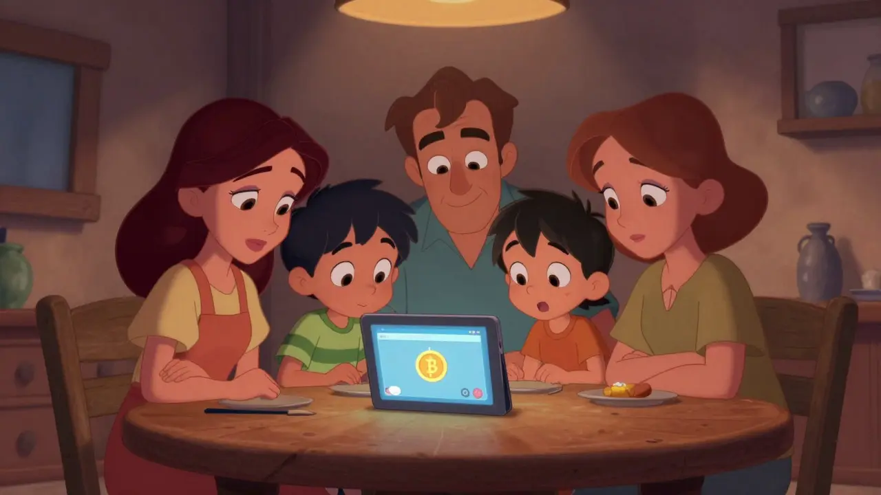 Familia venezolana recibiendo remesas digitales en casa