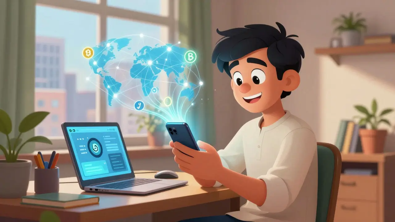 Freelancer pakistaní joven usando su teléfono para transacciones globales de criptomonedas