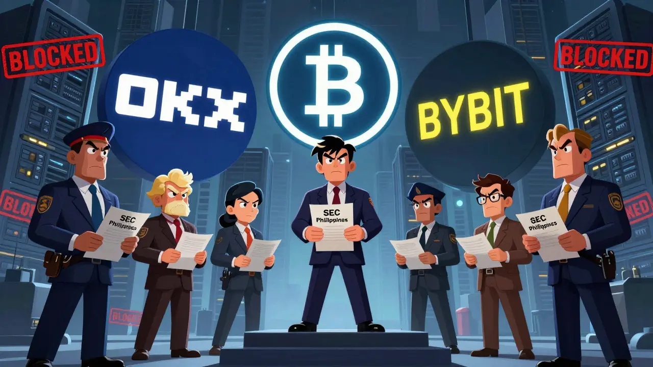 Funcionarios del gobierno bloqueando logotipos de exchanges de criptomonedas ilustración Disney
