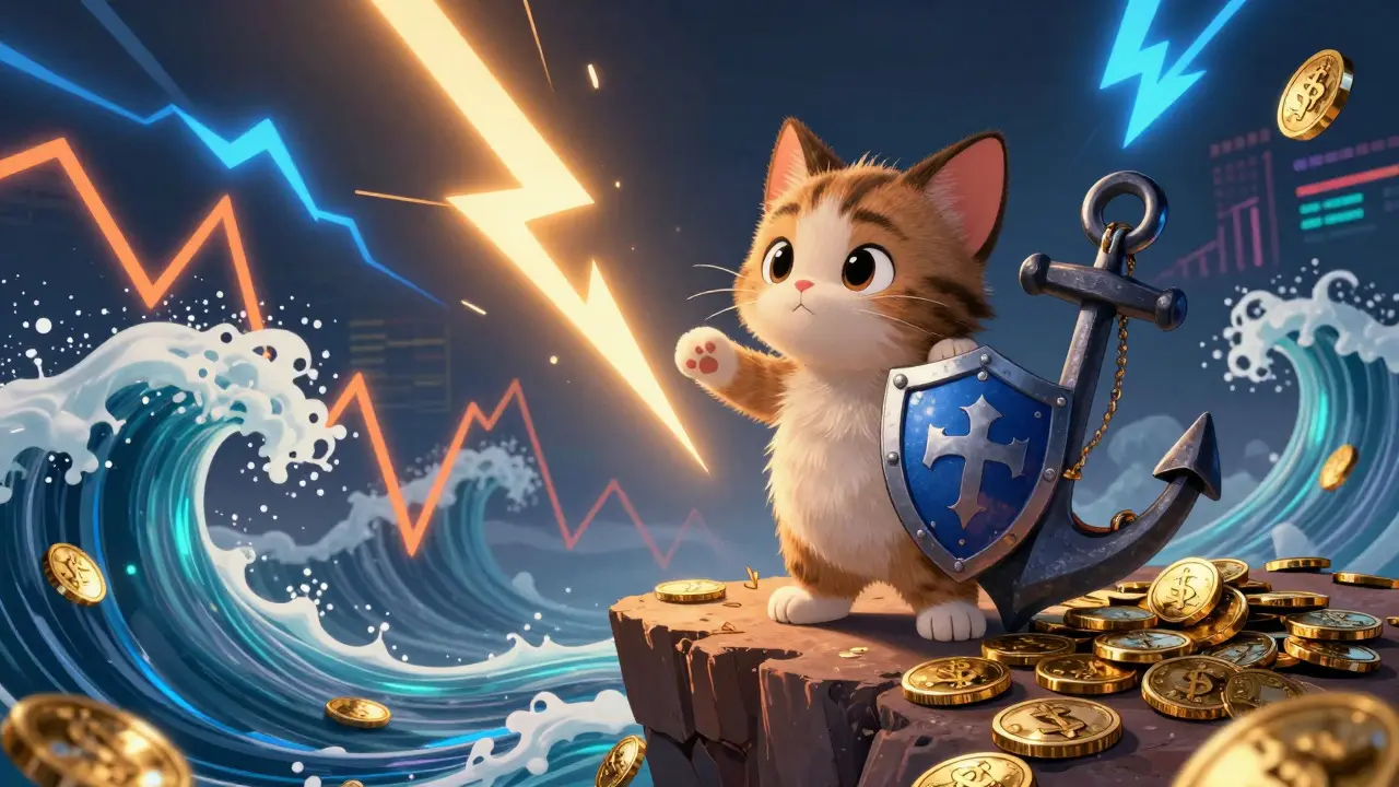 Gato valiente frente a olas volátiles de criptomonedas