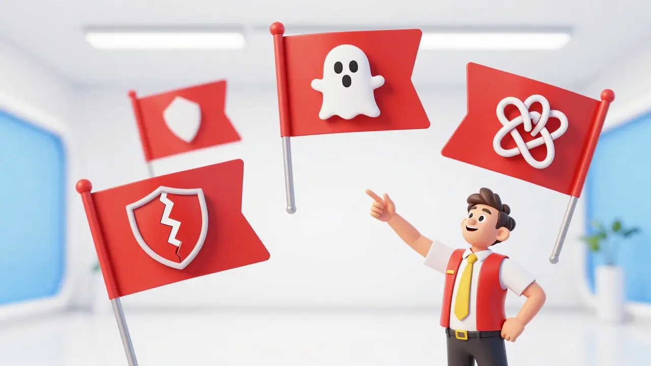 Guía señalando banderas rojas de advertencia en un entorno digital seguro