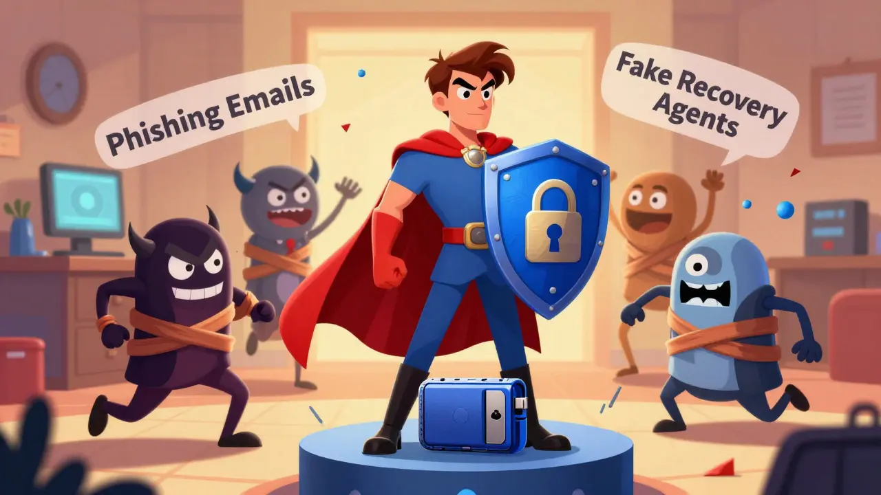 Héroe protegiendo billetera fría contra villanos de fraude cripto