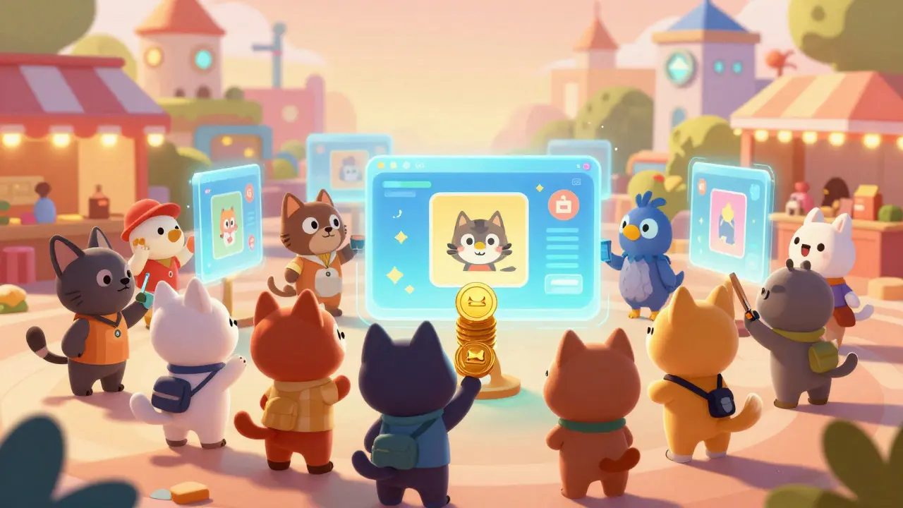 Mercado digital animado con personajes comprando NFTs y tokens